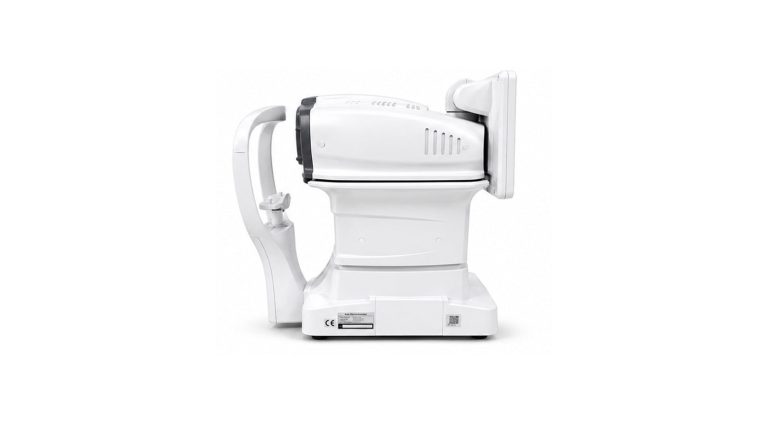 Ezer ERK-770 table-top autorefractor keratometer, side view showing the chin rest, forehead rest and measuring head