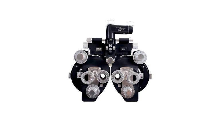 Ezer ERF-5200 manual phoropter (refractor head) in black, showing the sphere, cylinder and auxiliary lens controls