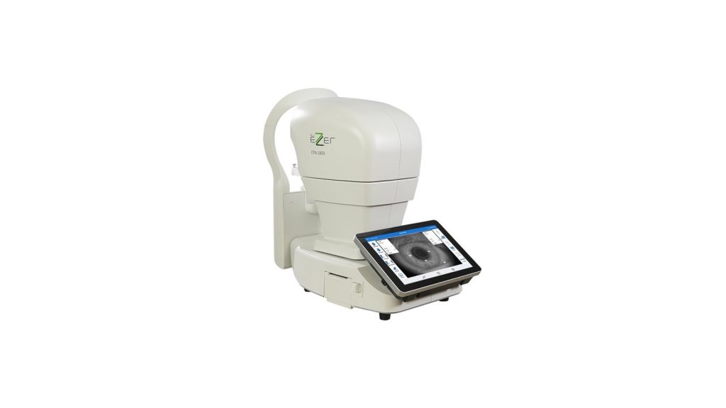 Ezer ETN-1800 automatic non-contact tonometer with tilted colour touchscreen showing an eye alignment image