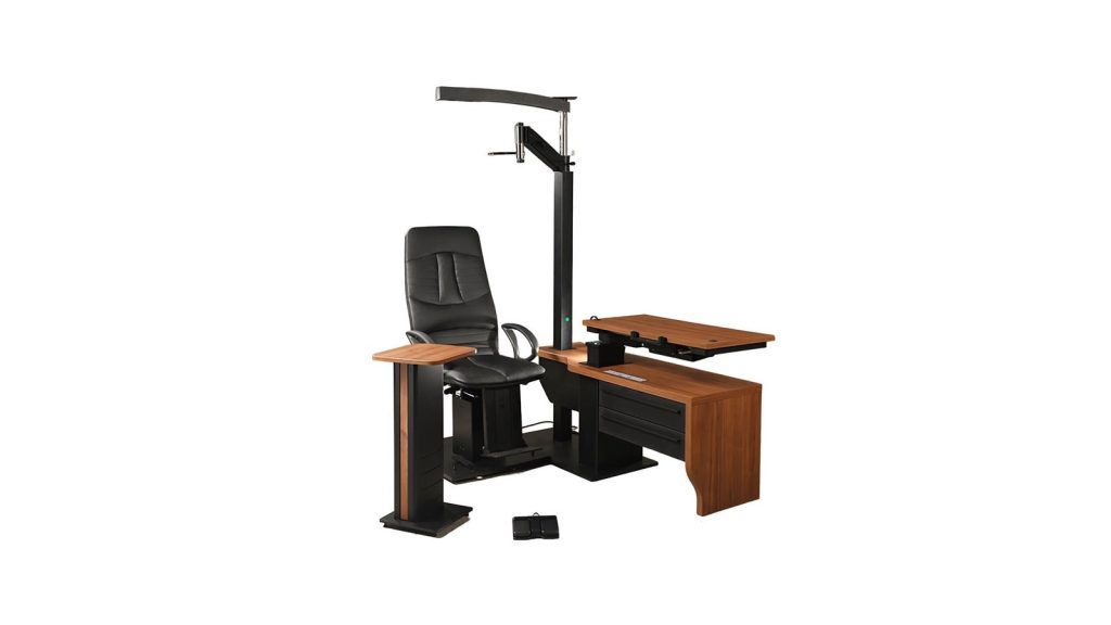 Visionare Venezia refraction unit: ophthalmic exam chair with instrument stand, counterbalanced phoropter arm, motorized instrument table and overhead lamp