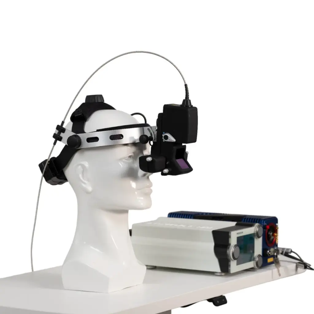 Laser indirect ophthalmoscope on a display head, connected to a Merilas laser console