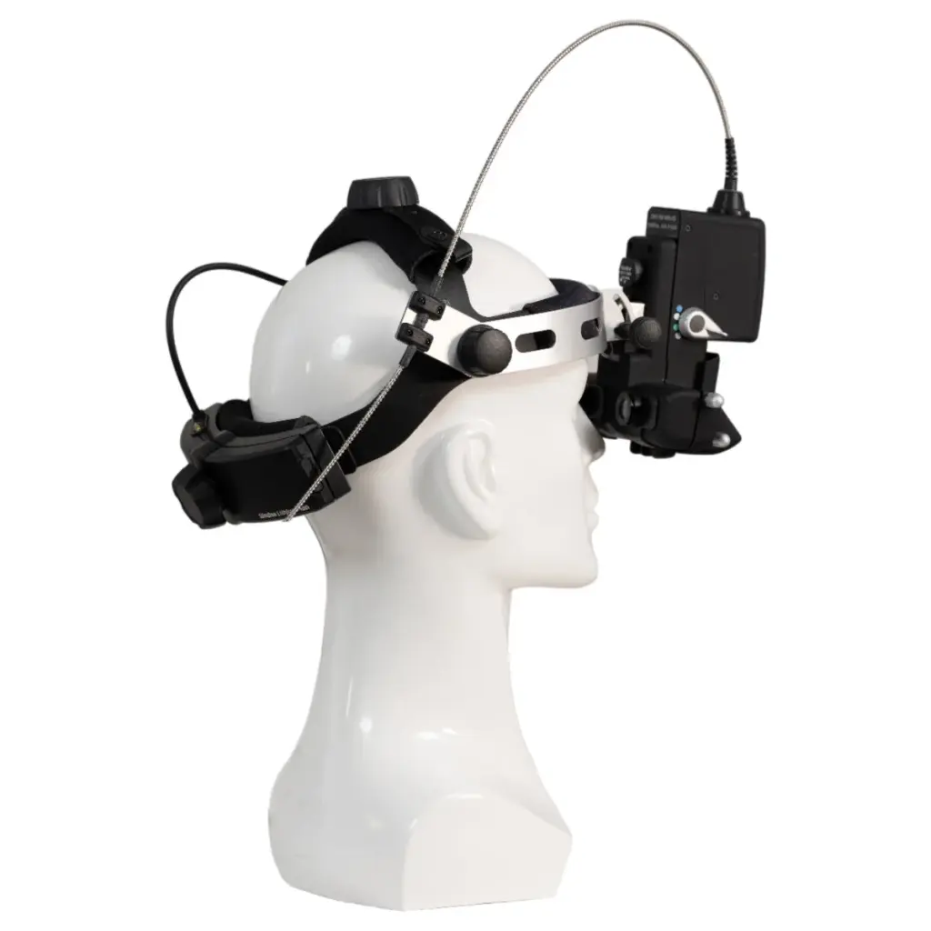 Laser indirect ophthalmoscope headset, side view of the optics module and fiber cable
