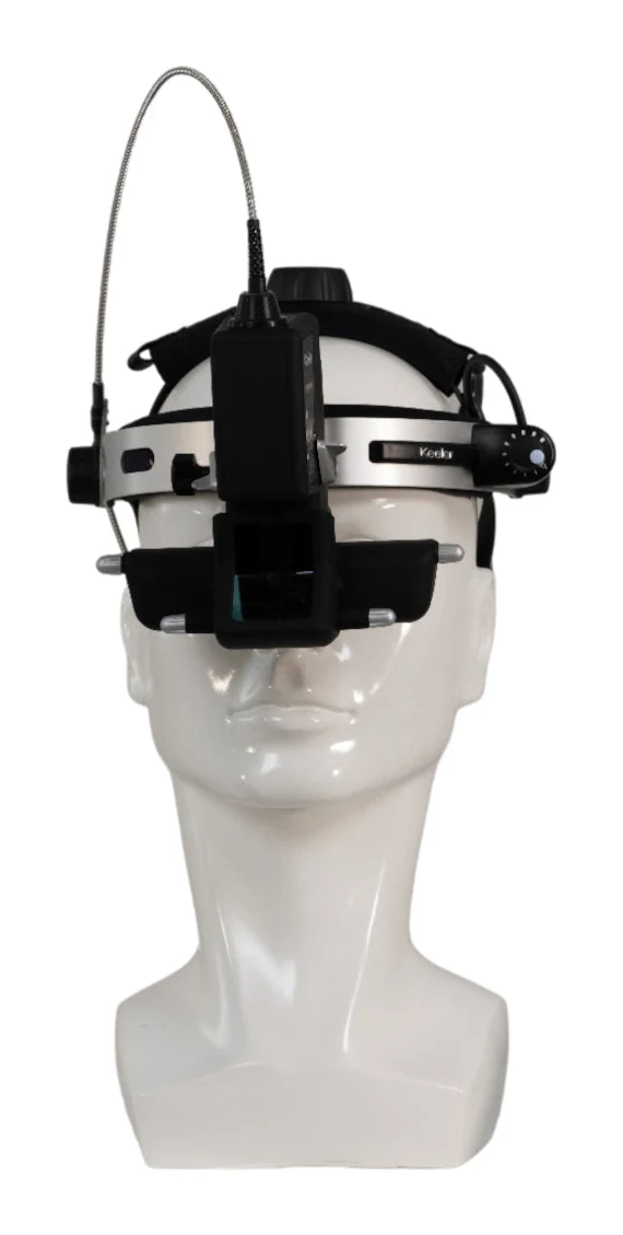 Laser indirect ophthalmoscope (LIO) headset on a display head, front view