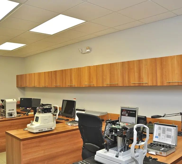 Service lab workbenches with instruments ready for testing