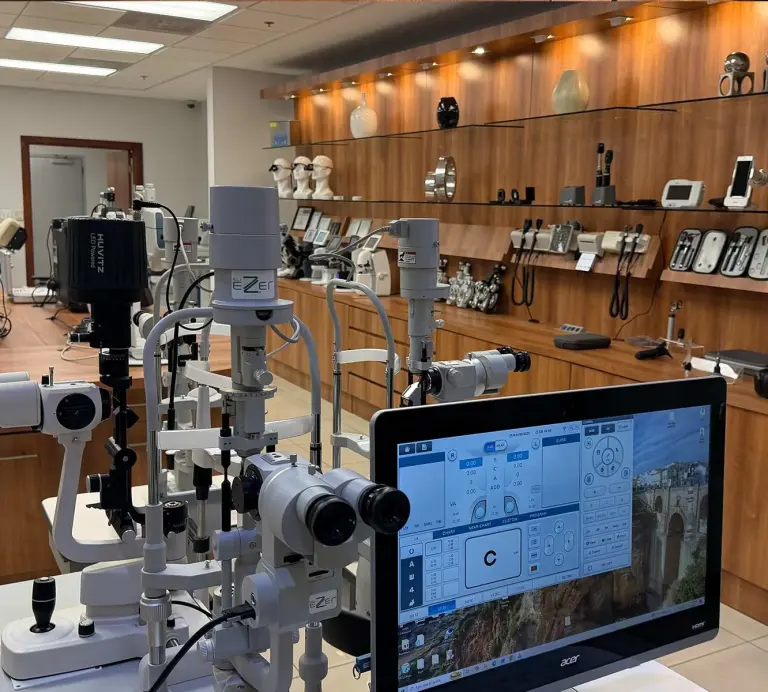 Showroom display of slit lamps and diagnostic instruments