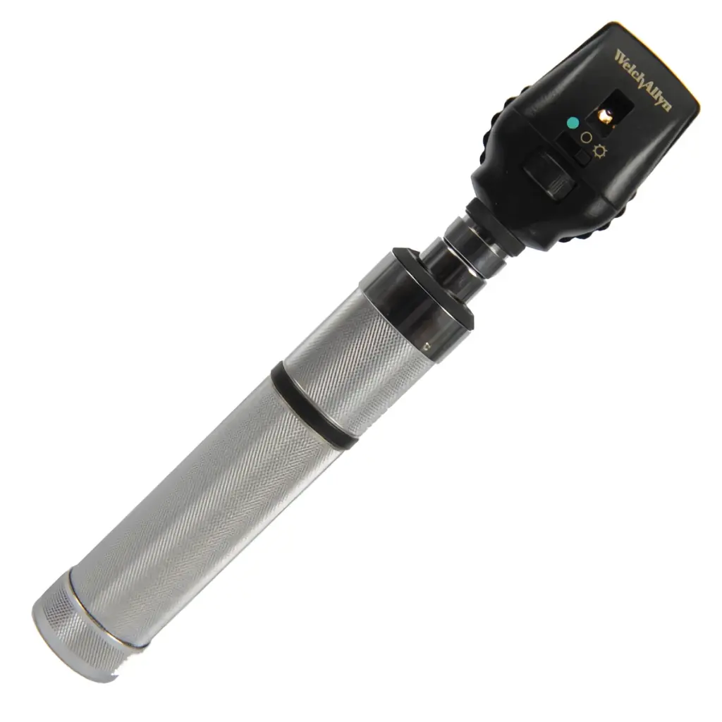 Welch Allyn 3.5V ophthalmoscope head on a knurled chrome handle, angled view