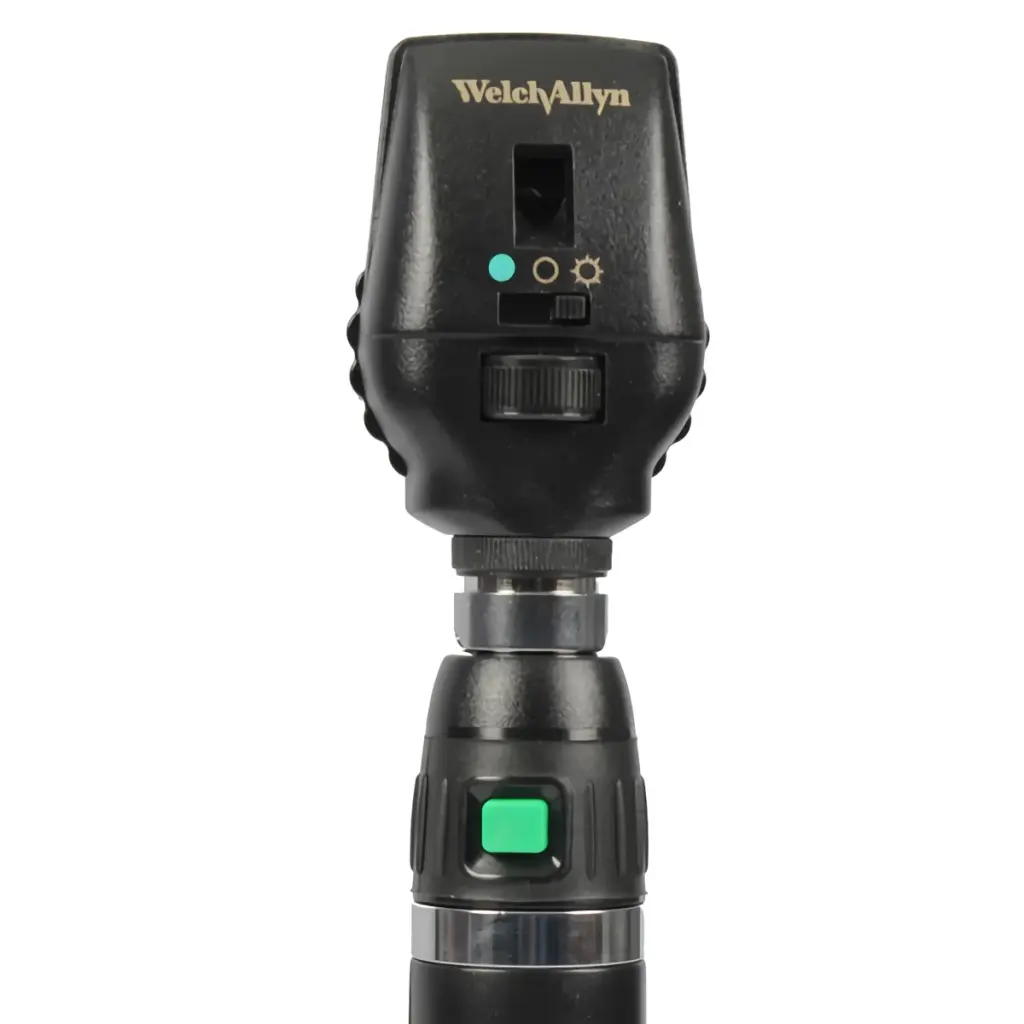 Welch Allyn 3.5V ophthalmoscope head on a black handle, front view