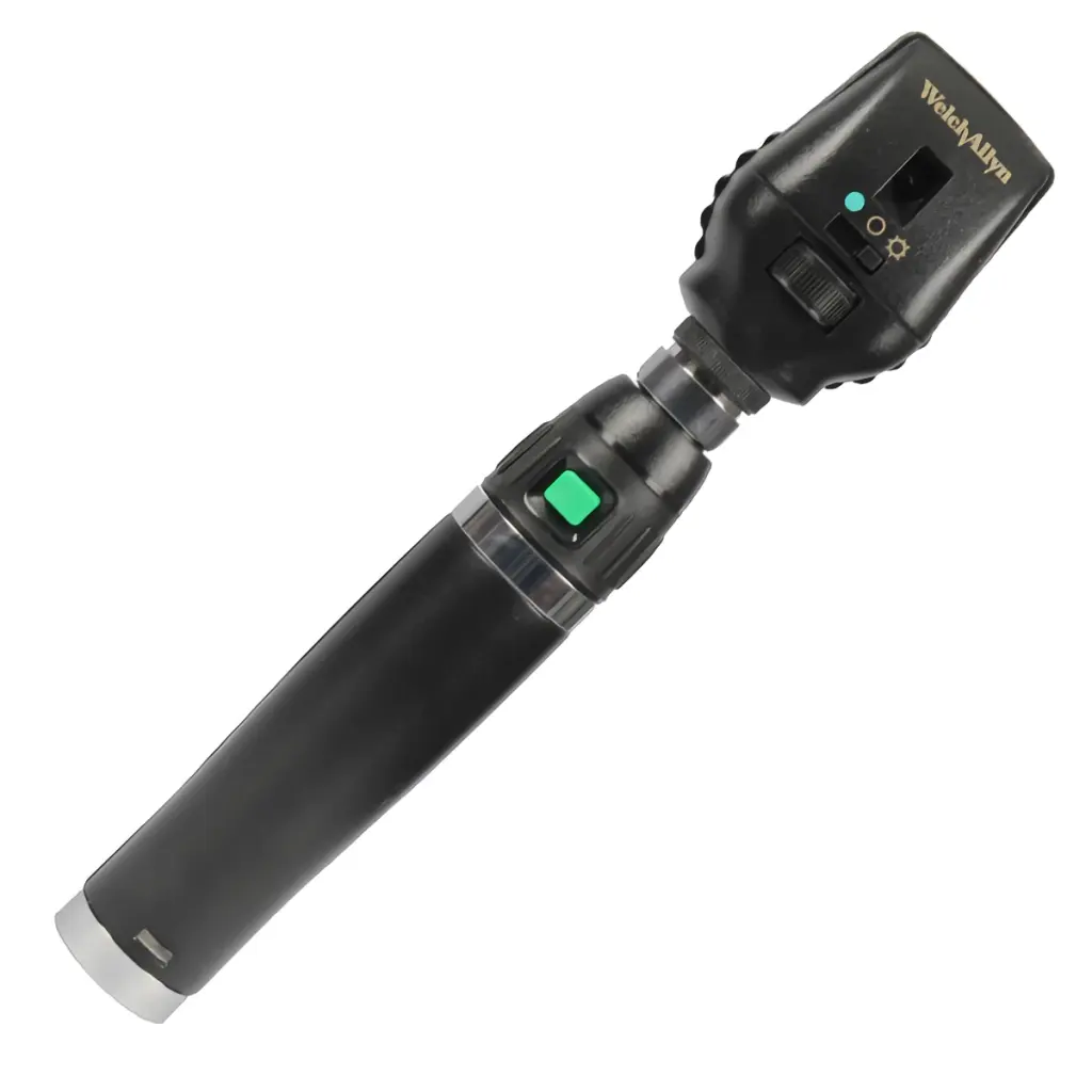 Welch Allyn 3.5V ophthalmoscope head on a black handle, angled view