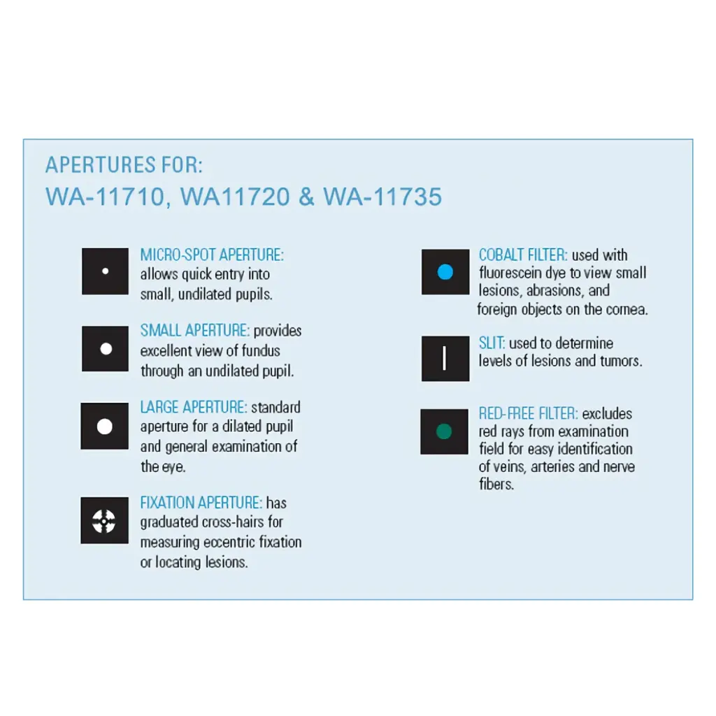 Welch Allyn aperture chart covering the WA-11710, WA-11720 and WA-11735 heads