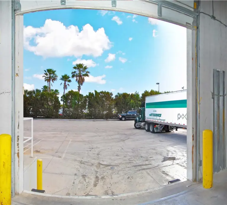 Warehouse loading dock with a truck outside
